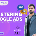 Mastering Google Ads featuring a laptop and digital marketing graphics.